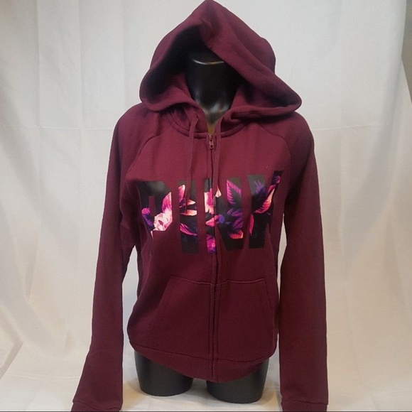 PINK Victoria's Secret Tops - VS PINK Hoodie Ruby Maroon Floral Logo Med   AD15